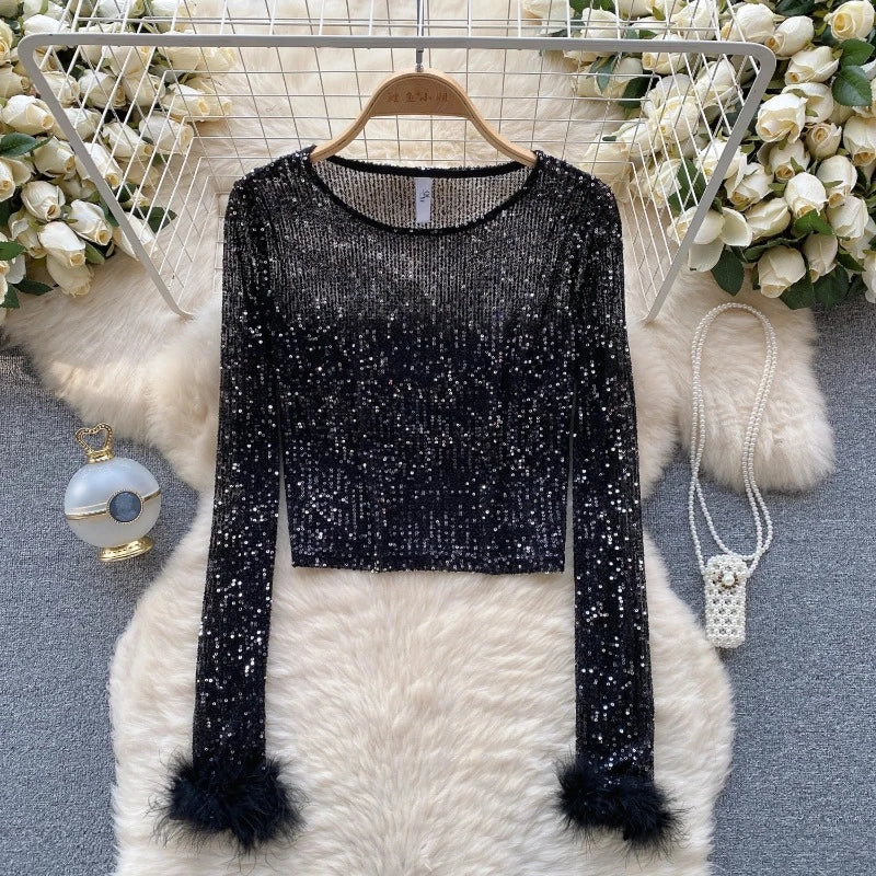 Top Paillette Langarm Federn