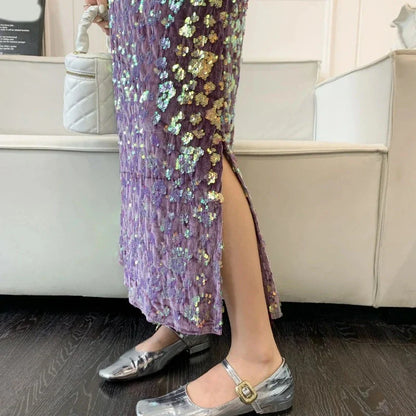 High-Waist Paillette Split Skirt