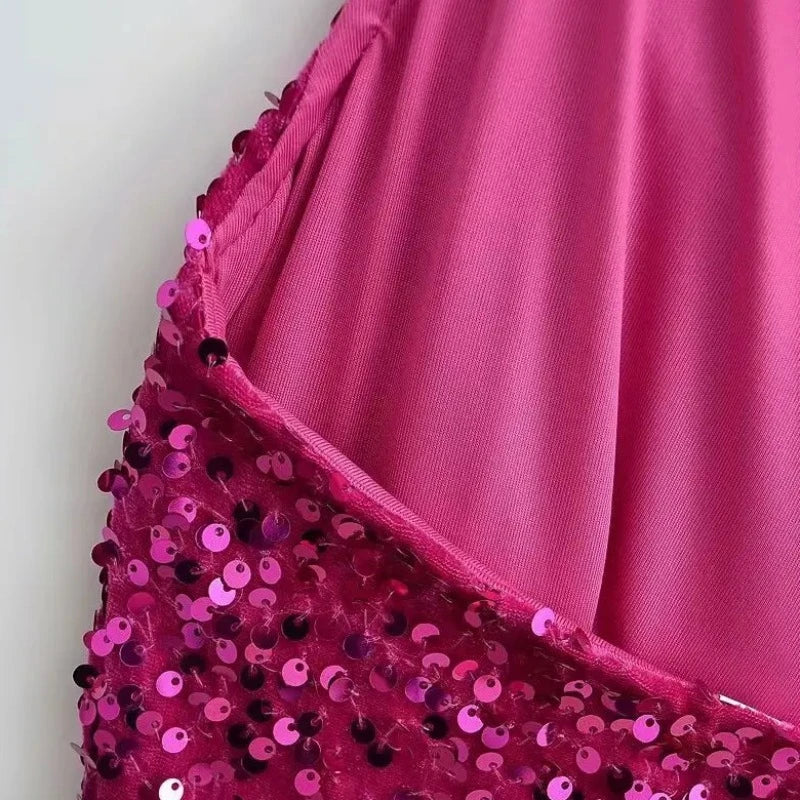 Tüllkleid mit Pailletten, rosa, mit Schlitz und Trägern