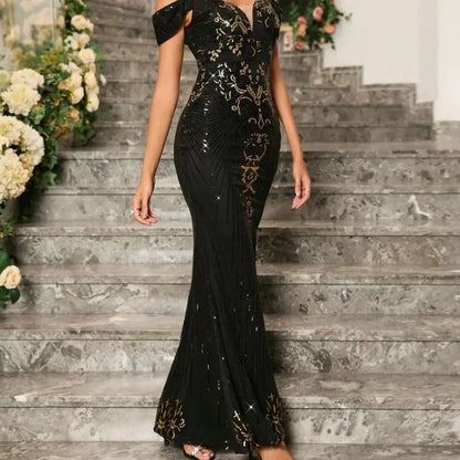 Abendkleid mit Pailletten, schwarzes Schulterfrei