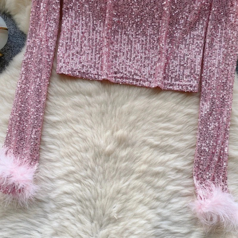 Top Paillette Langarm Federn