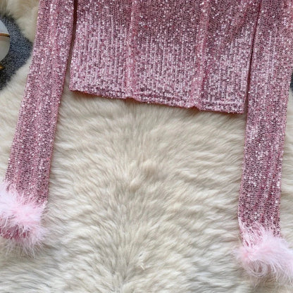 Top Paillette Langarm Federn