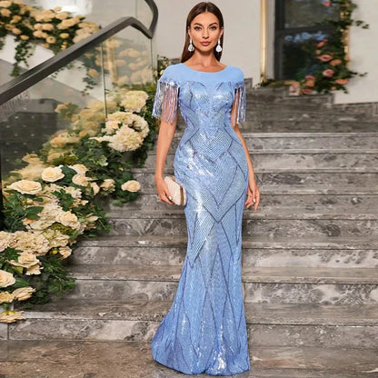 Abendkleid mit Pailletten Blau Schulterfransen