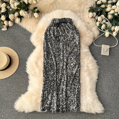 Midikleid mit Pailletten und Taille Gürtel