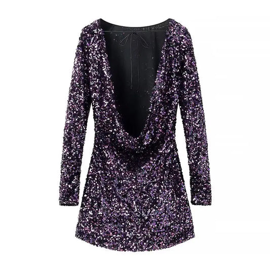 Damen Paillettenkleid Rückenfrei Violett