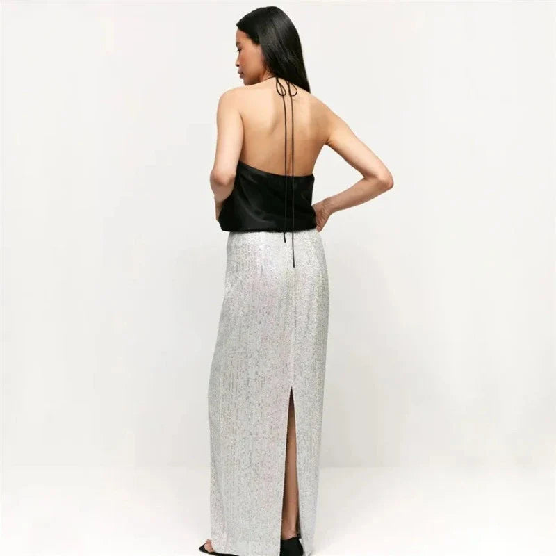 Abendrock mit Pailletten, Hohe Taille