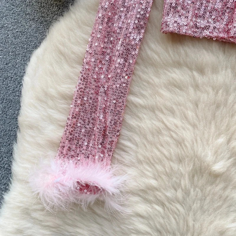 Top Paillette Langarm Federn