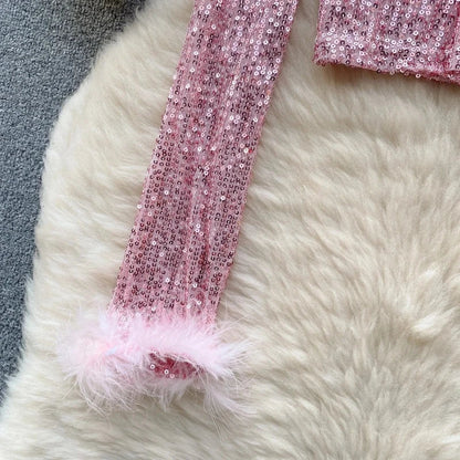 Top Paillette Langarm Federn