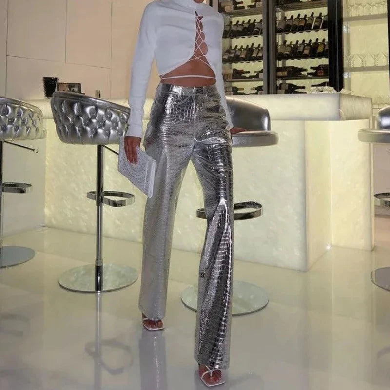 Silberne Krokodillederhose