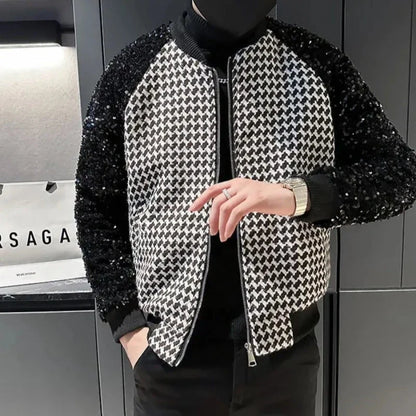 Bomberjacke Pailletten Herren Schwarz Weiß