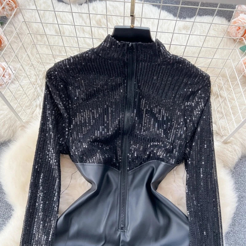 Schwarzes Paillettenleder-Kleid