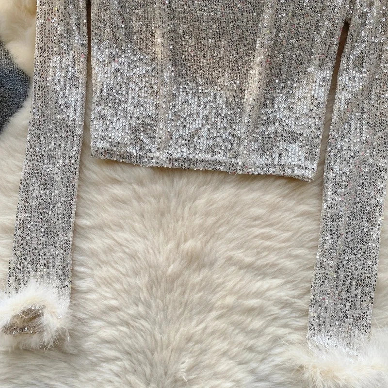 Top Paillette Langarm Federn