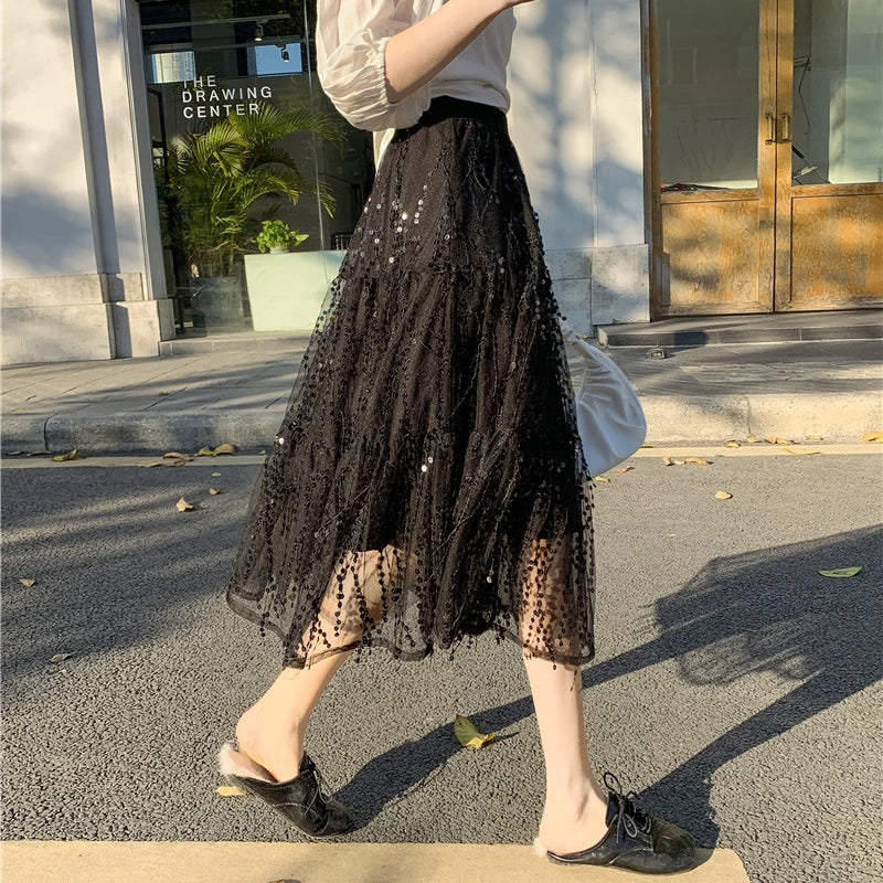 hohe Taille Paillettenkurzrock mit Fransen