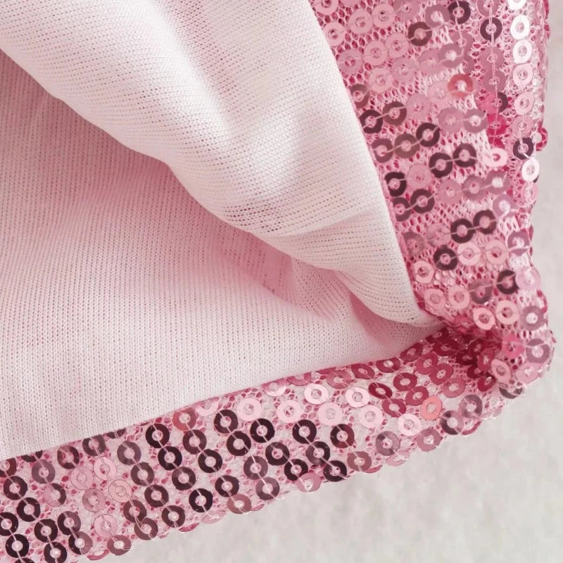 Top Crop Pailletten Rose Manches Plumes