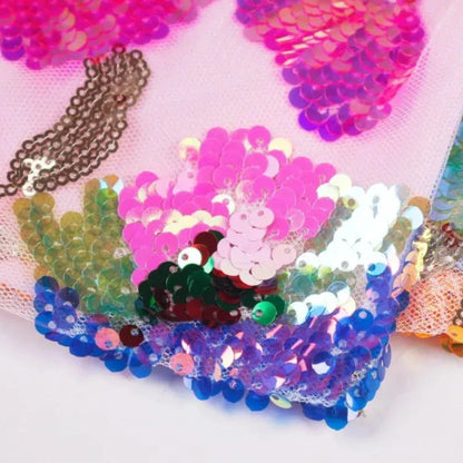 Glitzerndes Kleid mit bunten Blumen und Rückenfreiraum