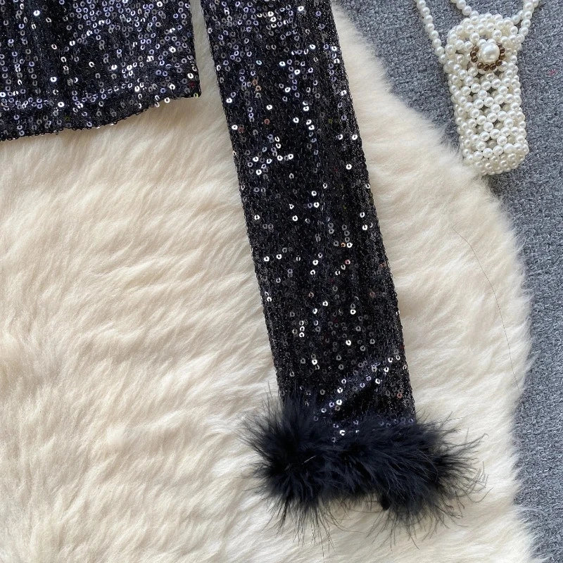 Top Paillette Langarm Federn