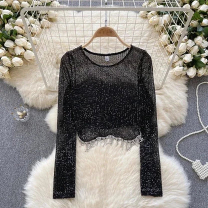 Top mit Pailletten und langen Ärmeln