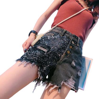 Kurze graue Jeans mit Pailletten für Damen