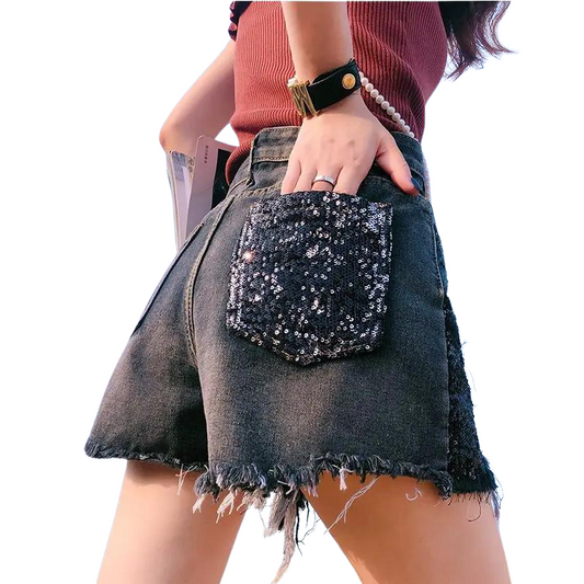 Kurze graue Jeans mit Pailletten für Damen