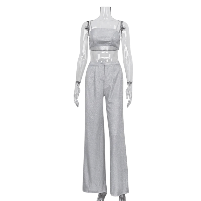 Haut und Hose mit silbernen Pailletten