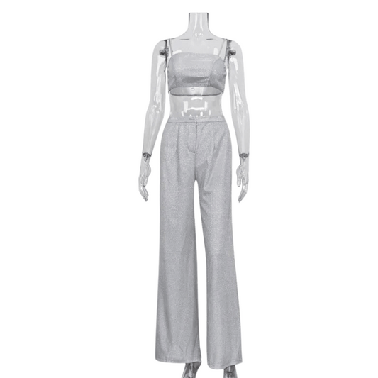 Haut und Hose mit silbernen Pailletten