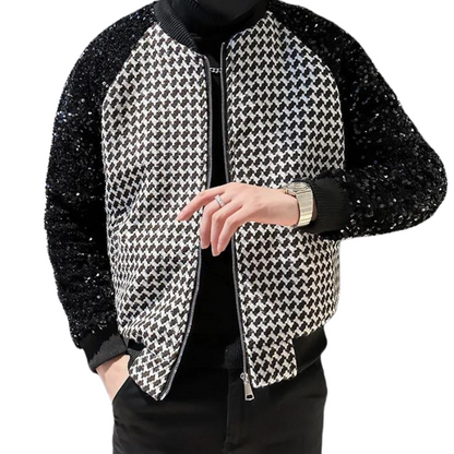 Bomberjacke Pailletten Herren Schwarz Weiß