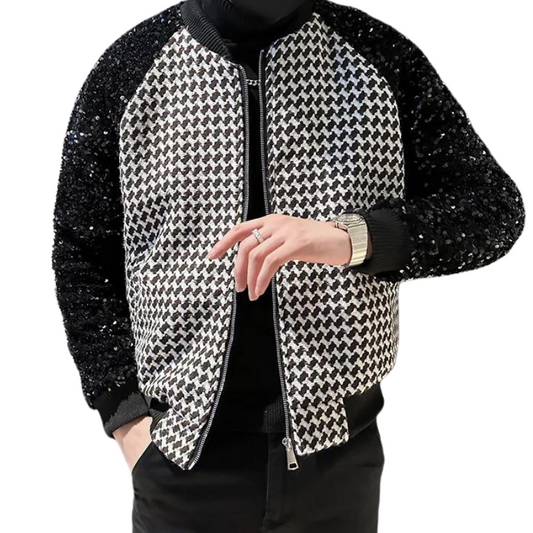 Bomberjacke Pailletten Herren Schwarz Weiß