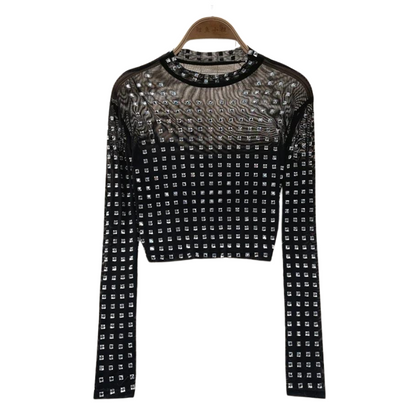Top mit langen transparenten Strass-Ärmeln