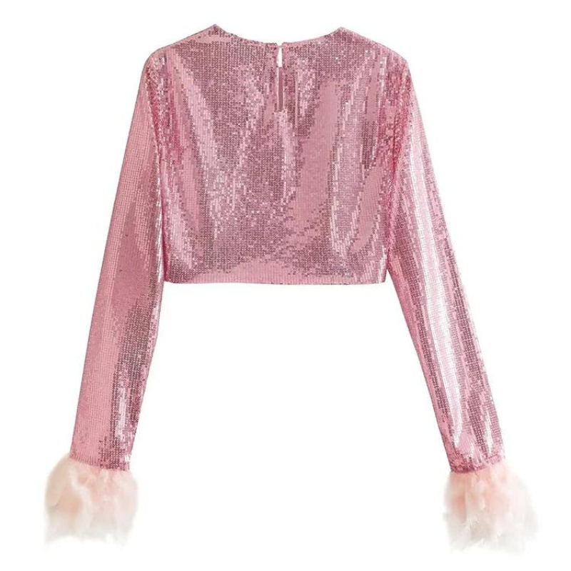 Top Crop Pailletten Rose Manches Plumes