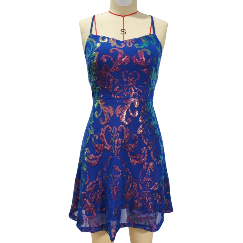 Abendkleid mit Pailletten, blau, mit Trägern