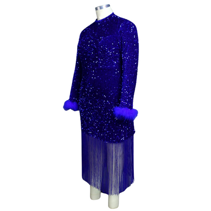Abendskleid Pailletten Blau Pompons und Fransen